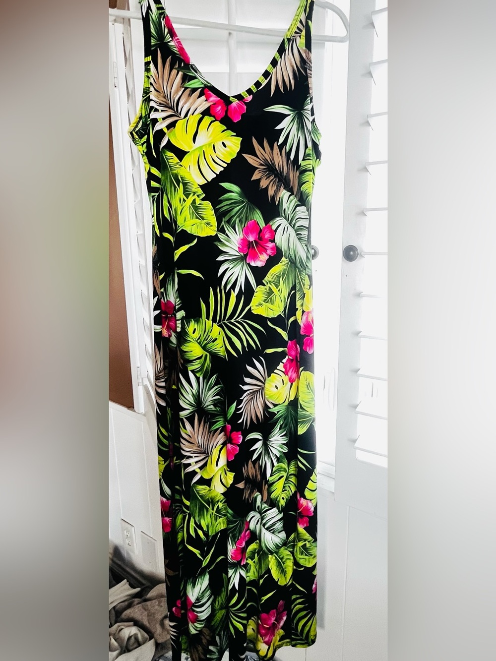 Tropical Floral Maxi Dress - Black with Green & Pink & Palm Fabric Small